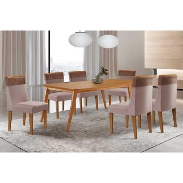 Imagem de Sala Jantar Mesa Havana Tampo Curvo 180cm+6 Cadeiras Jaspe Madeira Naturale - Capuccino/Linho Capuccino - Rufato