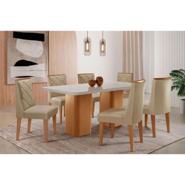 Imagem de Sala Jantar Mesa Maldivas Tampo c/ Vidro Curvo 180cm+6 Cadeiras Pietá Madeira Naturale/Off White - Capuccino/Linho Bege - Rufato