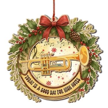 Imagem de Enfeite de trompete, enfeites de trompete de madeira e acrílico de camada dupla para árvore de Natal, decoração de feriado de instrumento musical inquebrável, para músicos de música, bandas e amantes