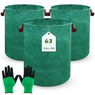 Imagem de Sacos de gramado e folhas, sacos de lixo reutilizáveis com luvas de jardinagem, sacos de jardim resistentes com 4 alças para cuidados com o gramado, acampamento e reciclagem (pacote com 3)