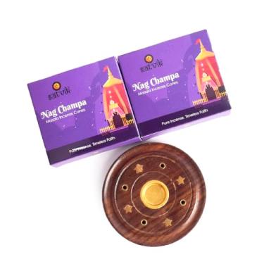 Imagem de SATVIK Conjunto de 2 cones Nag Champa Pure Masala Dhoop com suporte de incenso grátis | 100% natural, não tóxico | Feito com ervas, resinas e óleos essenciais | para Pooja, meditação, aroma e
