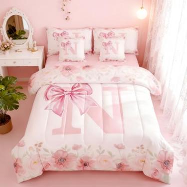 Imagem de Erosebridal Jogo de cama casal com letra N com letra N para mulheres, adolescentes, alfabeto, rosa, romântico, sonhador, laço, decoração de quarto, primavera, estilo fresco, conjunto de edredom com