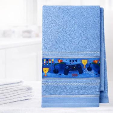Imagem de Toalha de Banho Infantil Felpuda Para Criança Com Faixa Decorada (Menino Azul Game)
