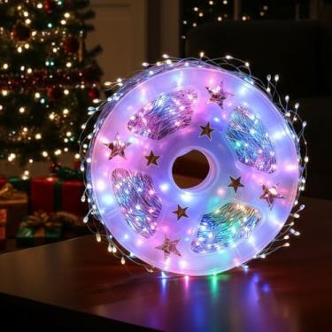 Imagem de 200 luzes de fadas LED para guirlanda de Natal de ano novo, luzes cintilantes, pilhas AA, fogos de artifício, aglomerado de 6 metros, cordão de luz para decoração de árvore de quarto, festa, colorido