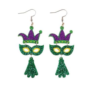 Imagem de Brincos femininos pendentes de carnaval colorido com glitter acrílico tema coroa chapéu pingente brincos de festa Mardi Gras acessórios para mulheres, unified, Acrílico, Sem pedra preciosa