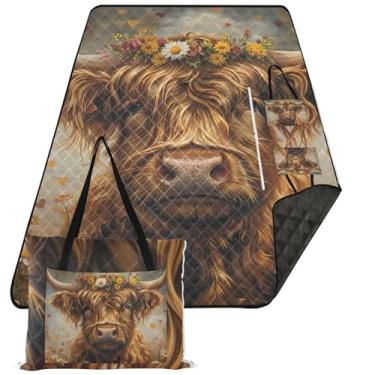Imagem de TSENQUE Lindo cobertor de piquenique dobrável com flores de vaca Highland cobertor de praia à prova d'água à prova de areia floral tapetes de grama para acampamento 299 cm x 203 cm