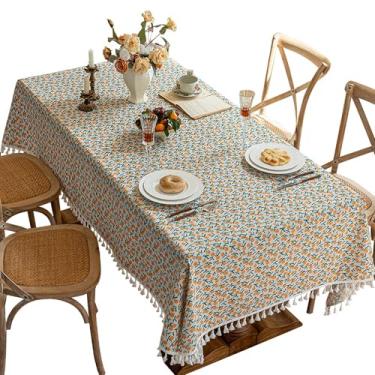 Imagem de Qubjus Toalha de mesa retangular estampada com borlas, tecido de linho de algodão sintético, capa de mesa estilo fazenda rústica para sala de jantar, cozinha (152 x 192 cm, laranja)