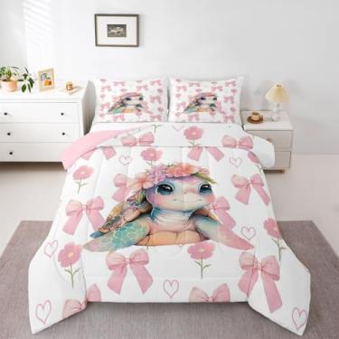 Imagem de Erosebridal Jogo de cama solteiro com laço rosa, tartaruga, vida marinha, tartaruga, para adolescentes, mulheres, crianças, decoração de quarto, floral, amor, coração, edredom