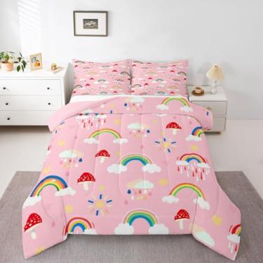 Imagem de jejeloiu Jogo de cama solteiro com desenho de arco-íris, cogumelos, kawaii, nuvem, rosa, vermelho, para decoração de quarto, microfibra, 2 peças com 1 fronha