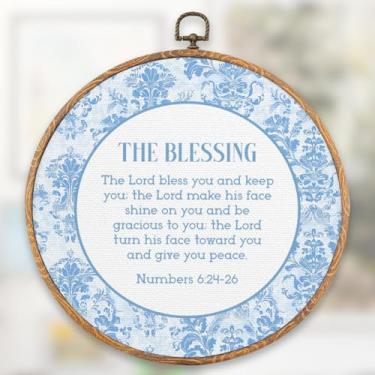 Imagem de The Blessing Christian Blue Flower Round Wall Art Decor, Christian Bible Verse Hydrangea Round Wall Art Hanging Decor for Farmhouse office Home Room, Presentes religiosos para mulheres 25 x 25 cm