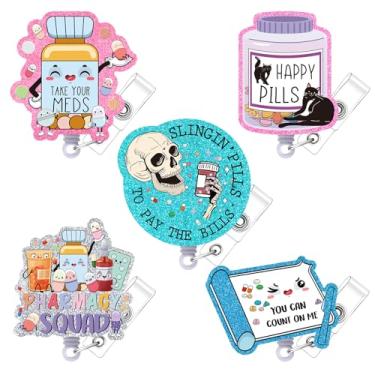 Imagem de Cosmisun Carretel retrátil de crachá de farmácia – 5 peças de presentes de técnico de farmácia suporte de crachá de enfermagem de farmacêutico, clipe de crachá, presente de aniversário para