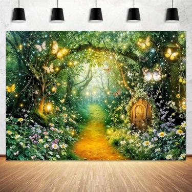 Imagem de 2,1 x 1,5 m Cenário do País das Maravilhas Encantado Primavera Conto de Fadas Floresta Jardim Mágico Casa Árvore Borboleta Fotografia Fundo Princesa Fada Aniversário Festa de Aniversário Recém-nascido