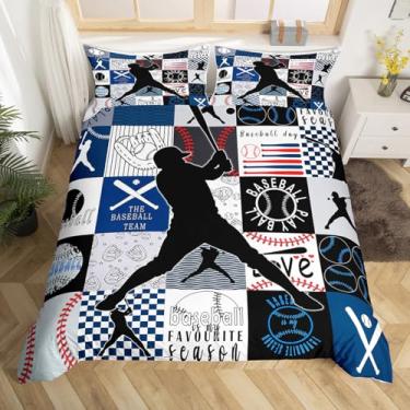Imagem de Conjunto de capa de edredom esportivo, quadriculado geométrico, preto, patchwork, beisebol, jogo de cama casal, jogos de jogador, capa de edredom de softball, esporte europeu, azul