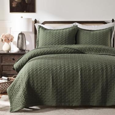 Imagem de WDCOZY Conjunto de colcha king size verde-oliva, caixa geométrica, leve, colcha rústica macia, edredom fino para primavera, verão, cama de campo, 264 x 228 cm