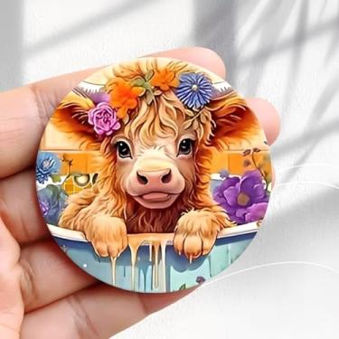 Imagem de Ímã de geladeira vintage bezerro na banheira com design de flores - adesivo redondo acrílico de geladeira de 5,8 cm presente de decoração retrô tamanho perfeito para geladeira, armário ou qualquer