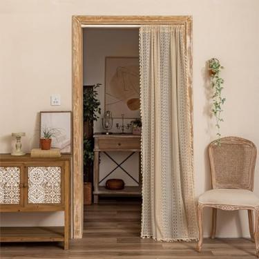 Imagem de Sutuo Home Cortinas de porta boho para armário e pátio, cortinas de porta transparentes de renda para porta de crochê, vintage, chique, borlas, boêmia, divisória temporária, privacidade, bolso