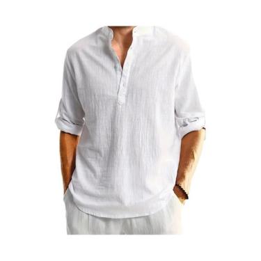Imagem de Camisa Casual Masculina De Linho De Manga Longa Estilosa Confortável R