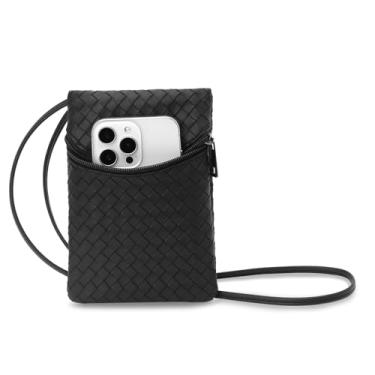 Imagem de BBORGDC Bolsa feminina transversal pequena para celular com alça de ombro, Preto/PVC trançado fino, Moda casual