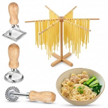 Imagem de Baderke Escorredor de massas e cortador de carimbos de ravioli com conjunto de rolo, cabide dobrável de madeira para secar massas frescas, bolinhos, cozinha caseira Pierogi