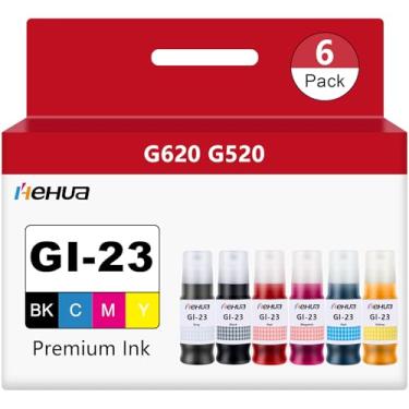 Imagem de hehua Substituição de frascos de refil de tinta GI23 GI-23 para Canon 23 Ink GI-23 refil de tinta GI23 use com impressora Canon PIXMA G620 PIXMA G520 (pacote com 6, preto/ciano/magenta/amarelo