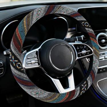 Imagem de Ongfuwu Capa de volante de carro Boho, protetor de volante, estilo étnico, boémia, antiderrapante, respirável, linho, capa para rodas automotivas, serve para 38 cm, acessórios interiores universais