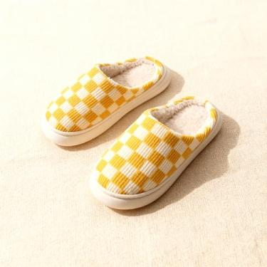 Imagem de Chinelos de casa para mulheres e homens, chinelos de quarto xadrez felpudos antiderrapantes macios macios macios e aconchegantes espuma viscoelástica quente inverno sapatos femininos para casa para