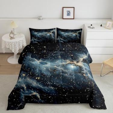 Imagem de Manfei Conjunto de edredom universo, constelação de meninos, meninas, tamanho casal, galáxia estrelada misteriosa, decoração de quarto de adolescentes, roupa de cama macia de microfibra do espaço