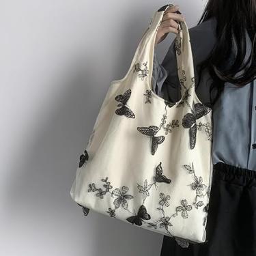 Imagem de Sacola borboleta bordada, bolsa de ombro de lona com detalhe de renda, bolsa feminina espaçosa, Branco
