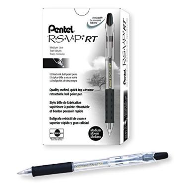 Imagem de Pentel® Canetas esferográficas retráteis R.S.V.P.® RT, ponta média, 1,0 mm, 61% recicladas, barril preto transparente, tinta preta, pacote com 12 canetas