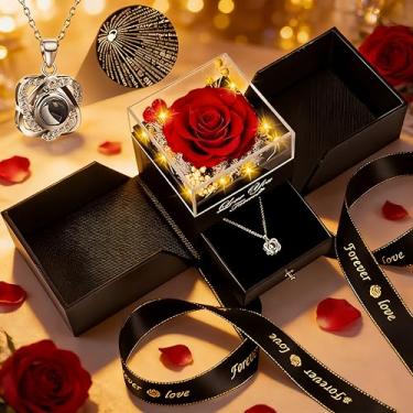 Imagem de Colar de rosa real preservada com I Love You em 100 idiomas, rosa eterna em cúpula de vidro com pingente de coração, presente romântico para esposa, namorada, mãe, no dia dos namorados, aniversário