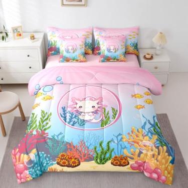 Imagem de Erosebridal Jogo de cama solteiro com letra O com letra O, fofo, kawaii, axolote, 7 peças, para crianças, meninas, adolescentes, conjunto de cama de desenho animado salamandra, animal oceano, rosa e