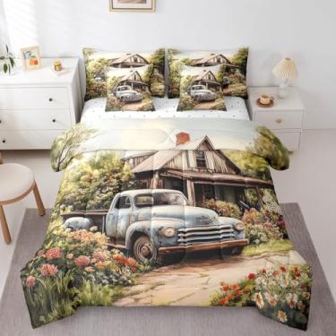 Imagem de Conjunto de cama solteiro com 7 peças, caminhonete retrô, casa de fazenda rústica de madeira para meninos e meninas, flores botânicas e natureza da primavera (edredom + lençol de cima + 2 fronhas + 2