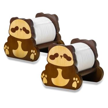 Imagem de Suporte de papel higiênico panda 2 unidades, suporte de rolo de papel higiênico de madeira feito à mão, dispensador de papel higiênico de madeira natural bonito e resistente para amantes de panda