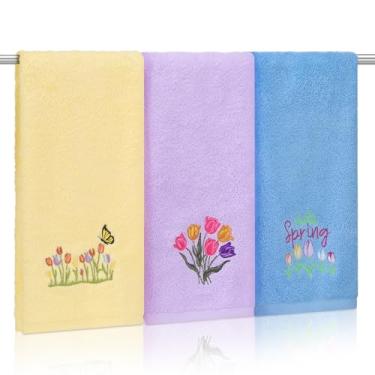 Imagem de SmoothNovelty 3 peças de toalhas de mão de flores de primavera para banheiro 35 x 73 cm bordado tulipa floral toalhas de banheiro de algodão macio absorvente tulipa pano de cozinha para secagem
