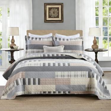 Imagem de EWlinens 100% algodão king size – Conjunto de colcha acolchoada xadrez de casa de fazenda, conjunto de colchas rústicas, conjunto de edredom para todas as estações com 2 fronhas, creme/cinza/marrom, 3