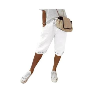 Imagem de Calças Casuais De Algodão E Linho Para Mulheres Com Bolsos E Elástico,