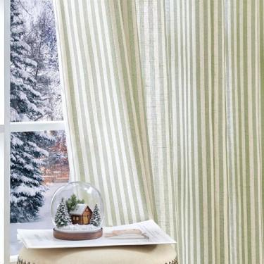 Imagem de jinchan Cortinas de linho para sala de estar, verde em bege, listradas, padrão de tique-taque, filtro de luz, casa de campo, casa de campo, rústico, ilhós, tratamento de janela, 2 painéis, 228 cm