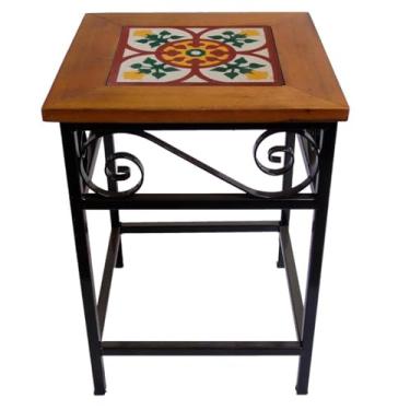 Imagem de Banco Rústico em Ferro e Madeira Maciça com Ladrilho Hidráulico – Banco Artesanal Decorativo Estilo Industrial para Cozinha, Sala e Área Gourmet (5, B3)