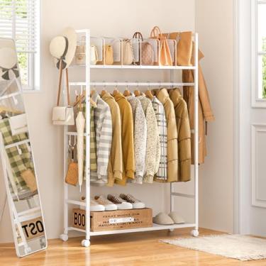 Imagem de Suporte com rodinhas com divisória de prateleira ajustável, suporte para roupas e bolsa com 8 ganchos, organizador de roupas com rodas para pendurar roupas, cabide para quarto, sala de estar