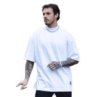 Imagem de Camiseta Oversized Gola Alta Lisa Básica Streetwear Confortavel Masculina Branco-Masculino