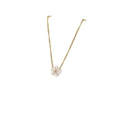 Imagem de Colar feminino com pingente de flor branca e concha dourada, 40-45 cm, Acetato, Sem Pedra Preciosa