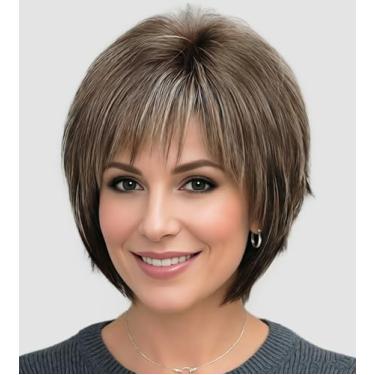 Imagem de SEVENCOLORS Peruca de Cabelo Curto com Franja Marrom Escuro Misto Loiro Corte Pixie para Mulheres - Fibra Sintética Lisa - Tamanho Único