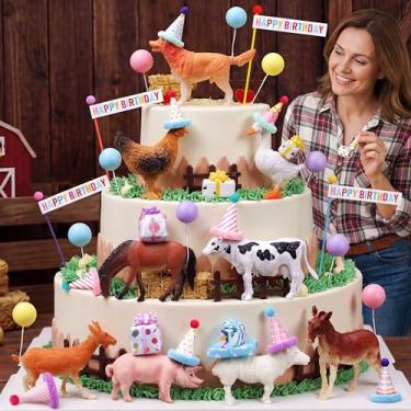 Imagem de Weysat 37 peças de decorações de festa de aniversário de animais de fazenda, topos de bolo de animais de fazenda com mini chapéus, bandeiras em miniatura, caixas de presente, bolas, laços, figuras