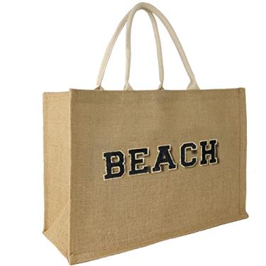 Imagem de Hibala Bolsa de praia grande de tecido de palha feita à mão com borla de ombro, Bege, Large