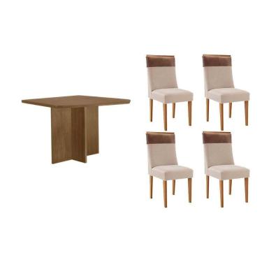 Imagem de Sala Jantar Mesa Berlim Tampo Curvo 90cm+4 Cadeiras Jaspe Madeira Naturale - Capuccino/Suede Creme - Rufato
