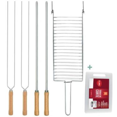 Imagem de Kit Preparo Churrasco 6pcs Churrasqueira Grelha e Espetos 55cm Simples