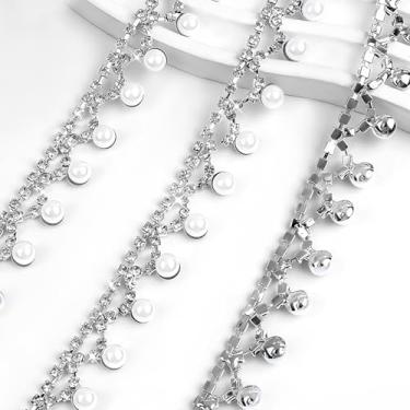 Imagem de Acabamento de franja de strass de 1 jarda de pérola, acabamento de corrente de pérolas de strass, corrente de diamante de cristal de prata com contas para costura, artesanato, casamento, vestido de