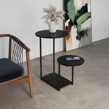 Imagem de Mesa Auxiliar Lateral Cibele Ferro Preto Tampo Redondo Preto