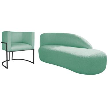 Imagem de Kit Divã Luna 140cm Lado Direito E 01 Poltrona Base De Ferro Preto Suede Cor Azul Tiffany