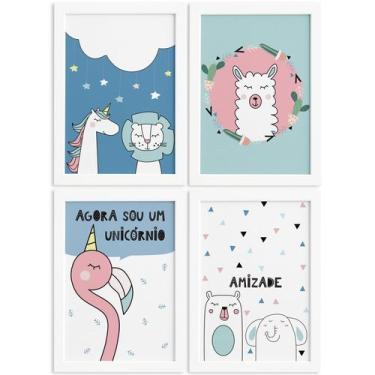 Imagem de Kit Quadros Decorativos Animais Amigos 4un Mold Branca 33x43 - Quartin